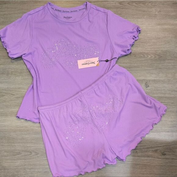 Juicy Couture Rhinestone Logo 2-PC Ribbed Short & Tee PJ Set - Picture 4 of 6